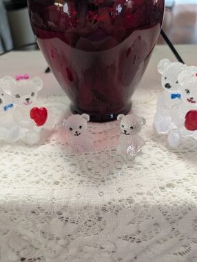 Set of Family Frosted Resin Teddy Bear Figures with Red & Pink Bow-Pink One